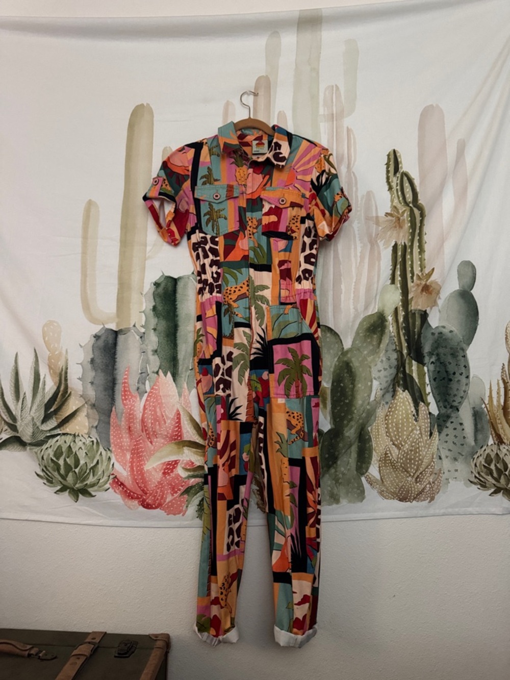 Tropical Print Short-Sleeve Jumpsuit in Multicolor